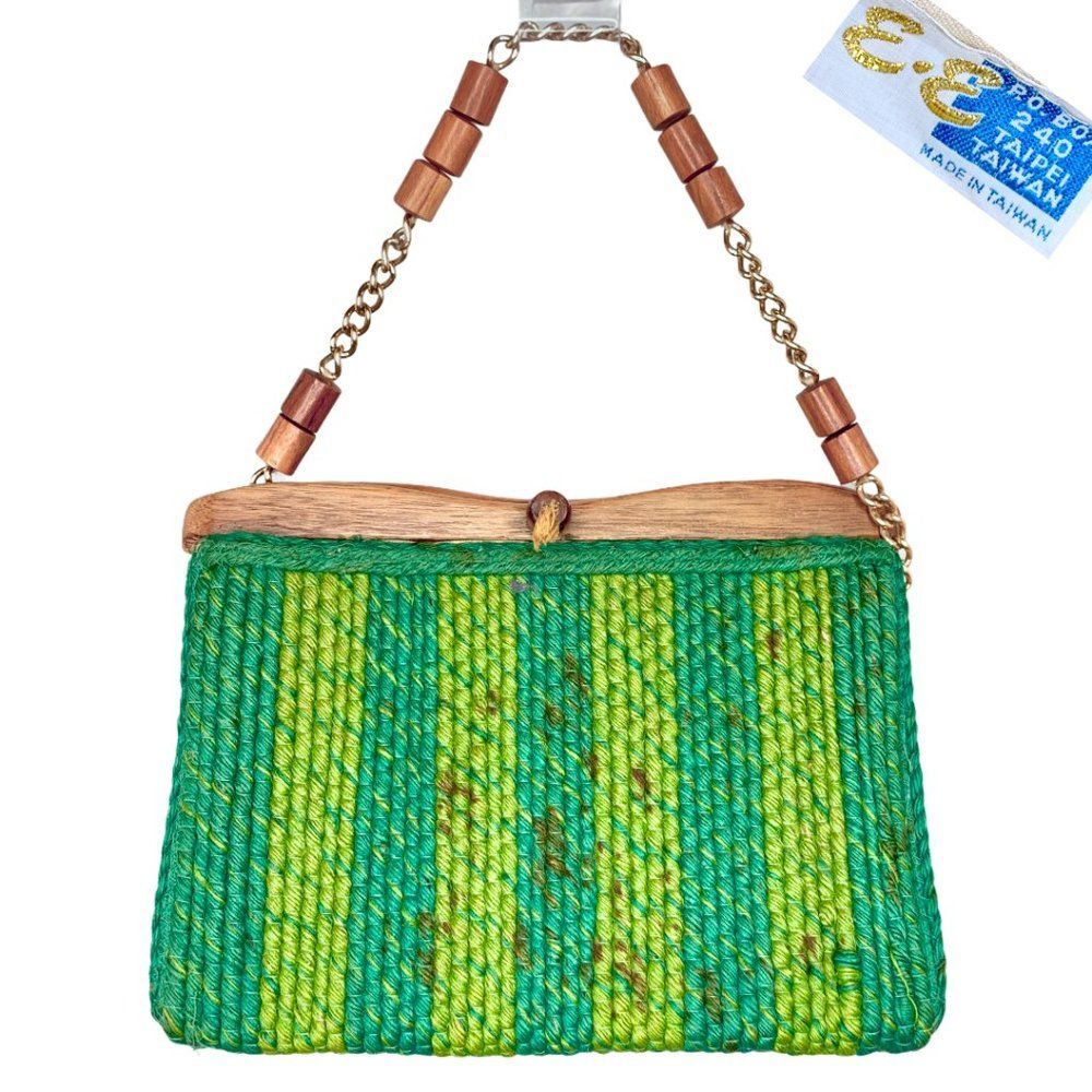 Vintage 70s Natural Jute Mod Hippie Green Wood Beaded Chain Purse Handbag